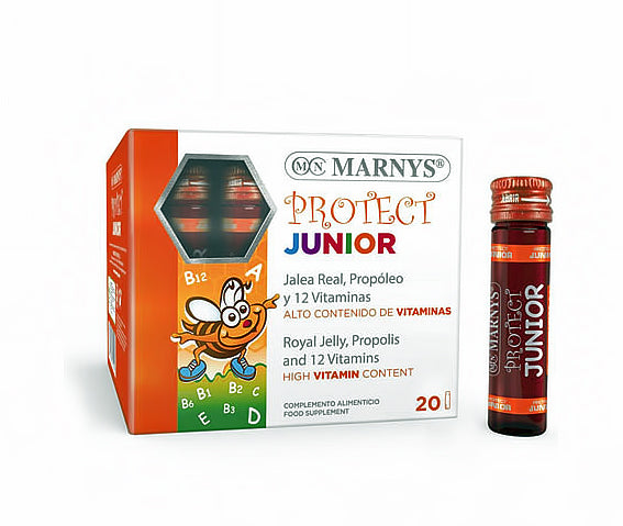 MARNYS® PROTECT JUNIOR. Maisto papildas imunitetui ir energijai vaikams su bičių pieneliu ir vitaminais, 20 buteliukų po 10 ml